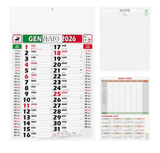 Calendario da parete gennaio 2026 con note, memo spese e planning 2027 per ufficio o casa