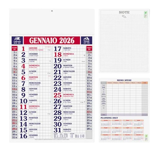 Calendario da parete gennaio 2026 con note, memo spese e planning 2027, ideale per ufficio o casa