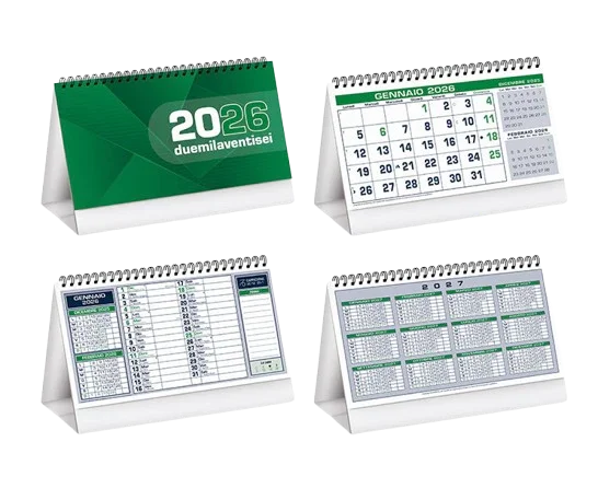 Calendari da scrivania 2026 con design verde, ideali per ufficio e stampa personalizzata