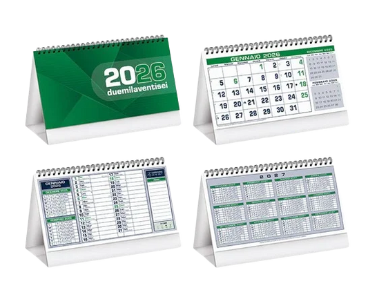 Calendari da scrivania 2026 con design verde, ideali per ufficio e stampa personalizzata