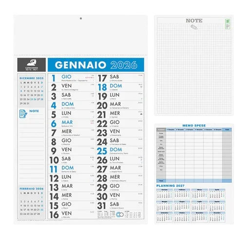 Calendario da parete gennaio 2026 con note, memo spese e planning 2027, ideale per ufficio e organizzazione