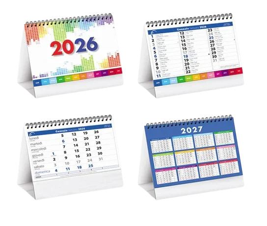 Calendari da tavolo 2026 e 2027 con design colorato, ideali per ufficio o casa