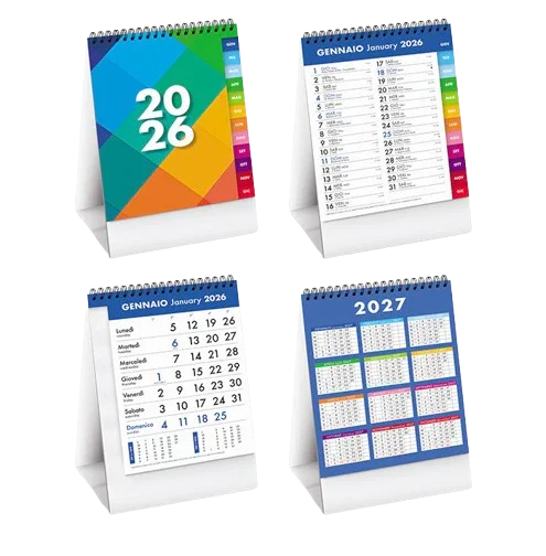 Calendari da tavolo 2026-2027 con design colorato, ideali per ufficio o casa. Stampa digitale e offset.