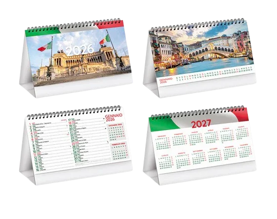 Calendari da tavolo 2026-2027 con immagini di Roma e Venezia, ideali per ufficio o casa