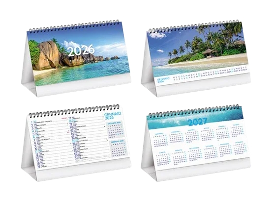 Calendari da scrivania 2026-2027 con immagini tropicali, ideali per ufficio o casa, stampa digitale di qualità.