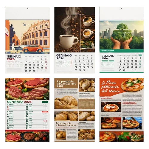 Calendari 2026 personalizzati con design grafico, ideali per stampa offset e digitale a Roma