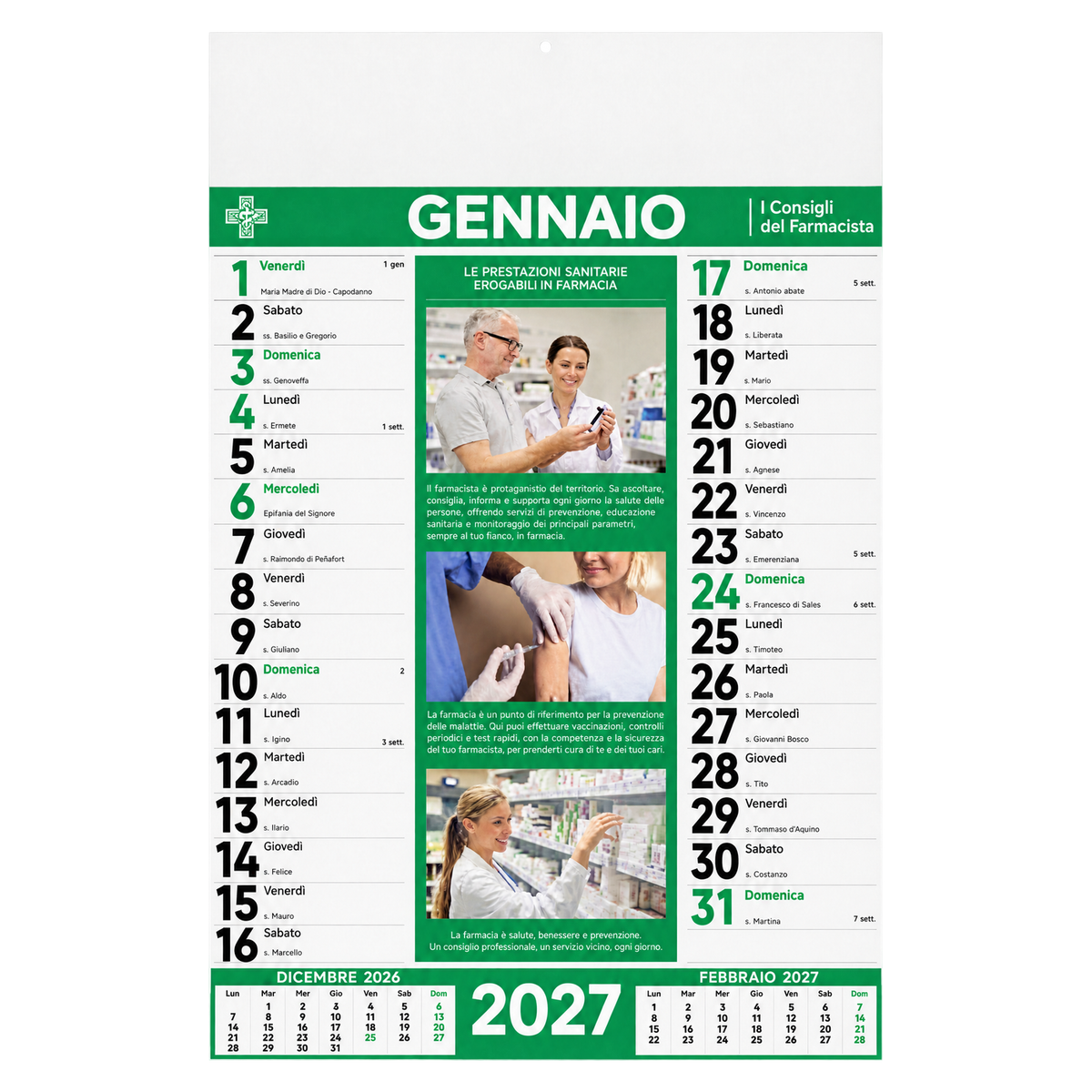 Calendario illustrato Farmacia 2027 da muro 30x47 cm personalizzato con logo nella testata