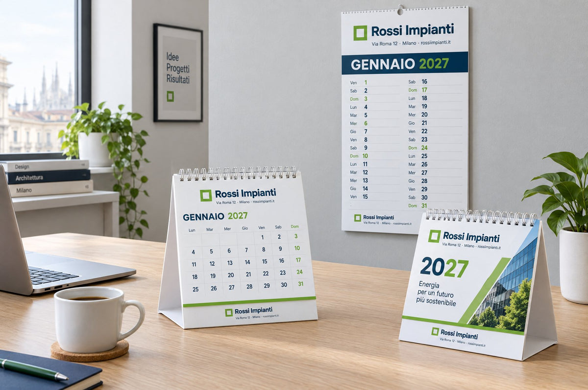 Calendari personalizzati aziendali 2027 con logo, da muro e da tavolo, stampati da Triograf